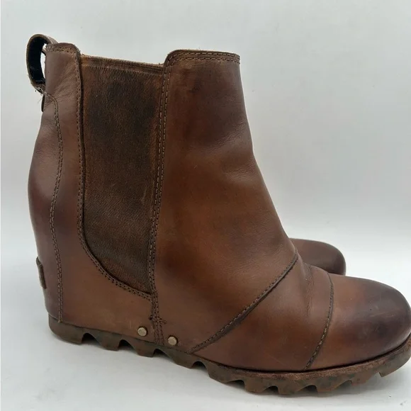 Sorel Women’s Lea Wedge Platform Booties Boots Leather  in Elk Curry Size 7 - Picture 6 of 12